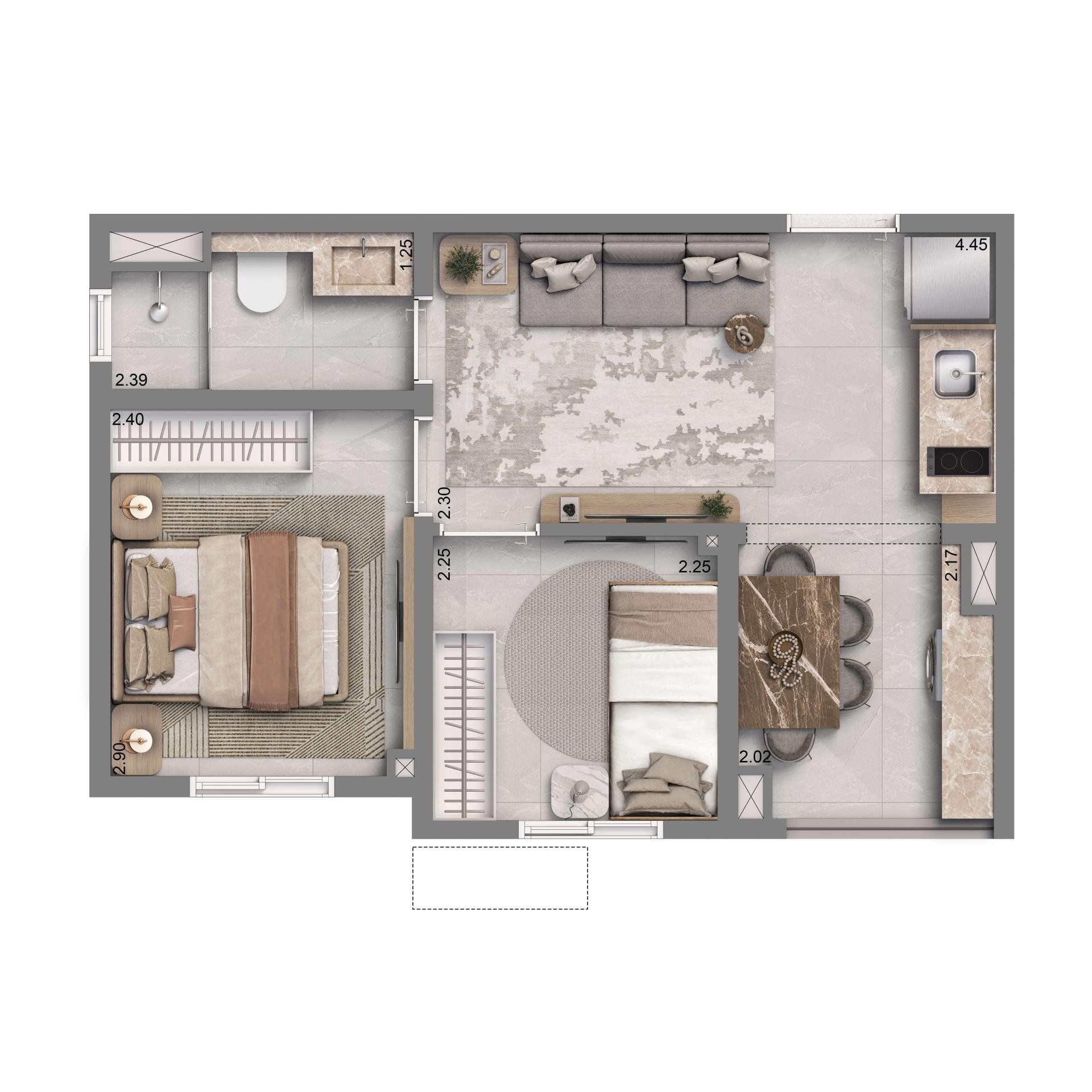 Planta Padrão 34m² | 2 Dorms. | Com Terraço