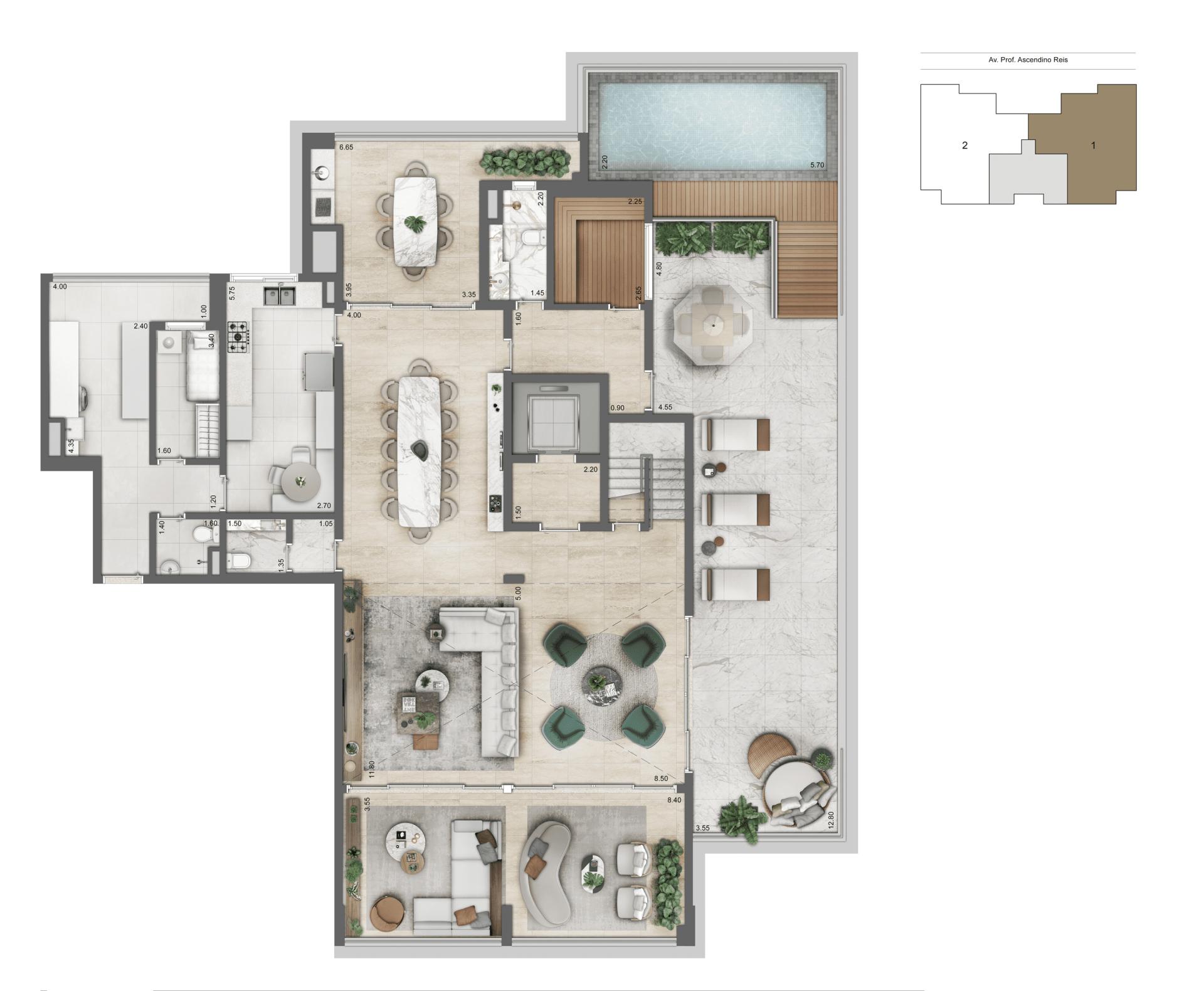 Planta Duplex Inferior 483 m² | 4 suítes