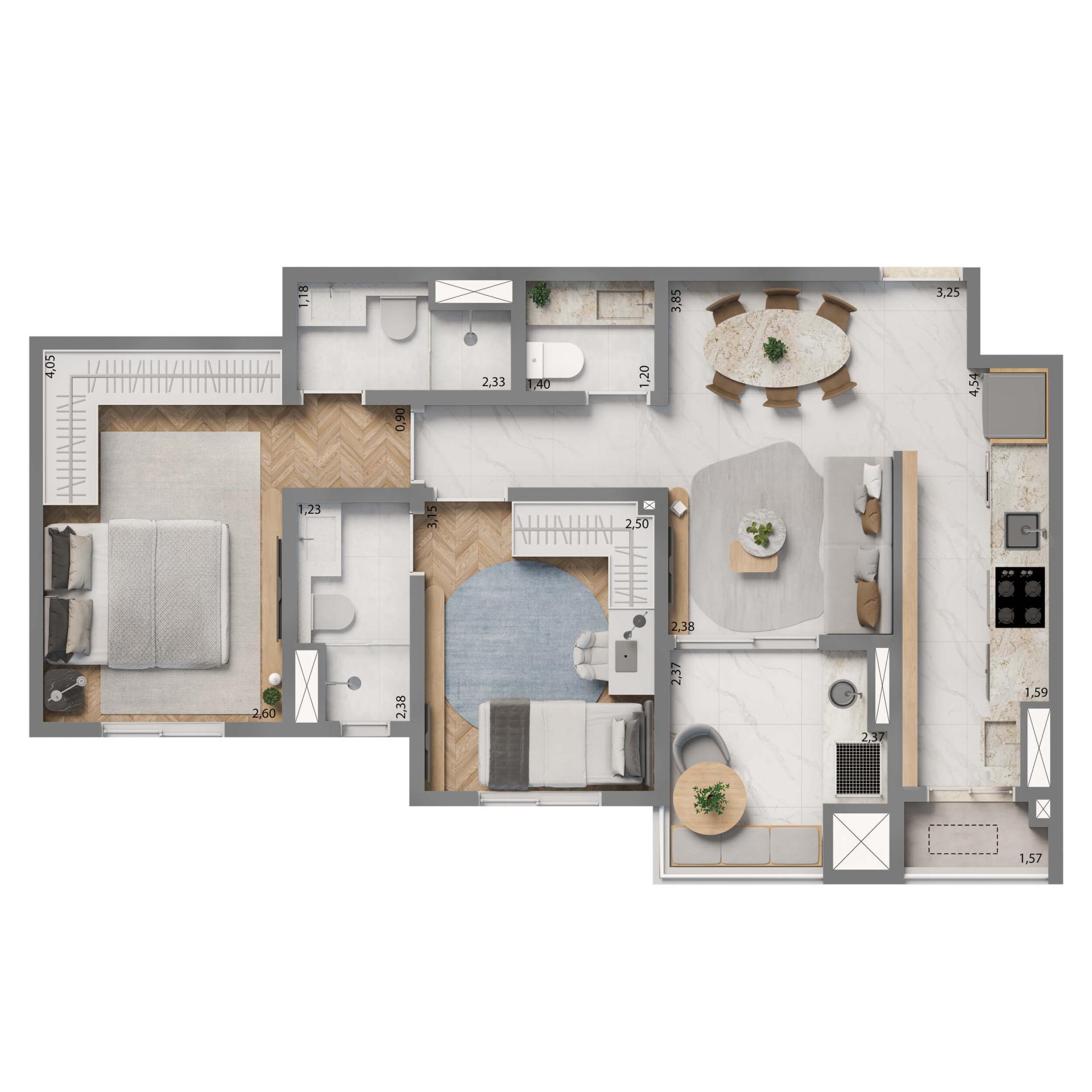 Planta Opção 61m² | 2 suítes 